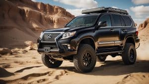 A Lexus GX470 crossing a rocky stream, showcasing its water fording capabilities with snorkel and high ground clearance in a wilderness setting.