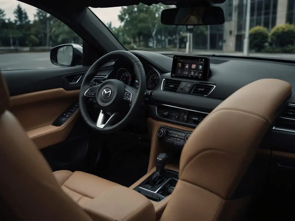 Interior view of a Mazda CX-5, highlighting the spacious leather seating and advanced dashboard with touchscreen infotainment system.