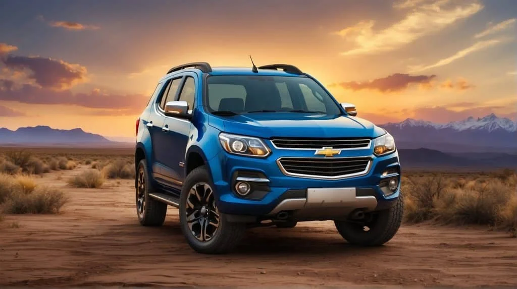 A blue Chevrolet Trailblazer on a sandy beach at sunset, with waves in the background, highlighting the vehicle's adventurous and versatile nature.