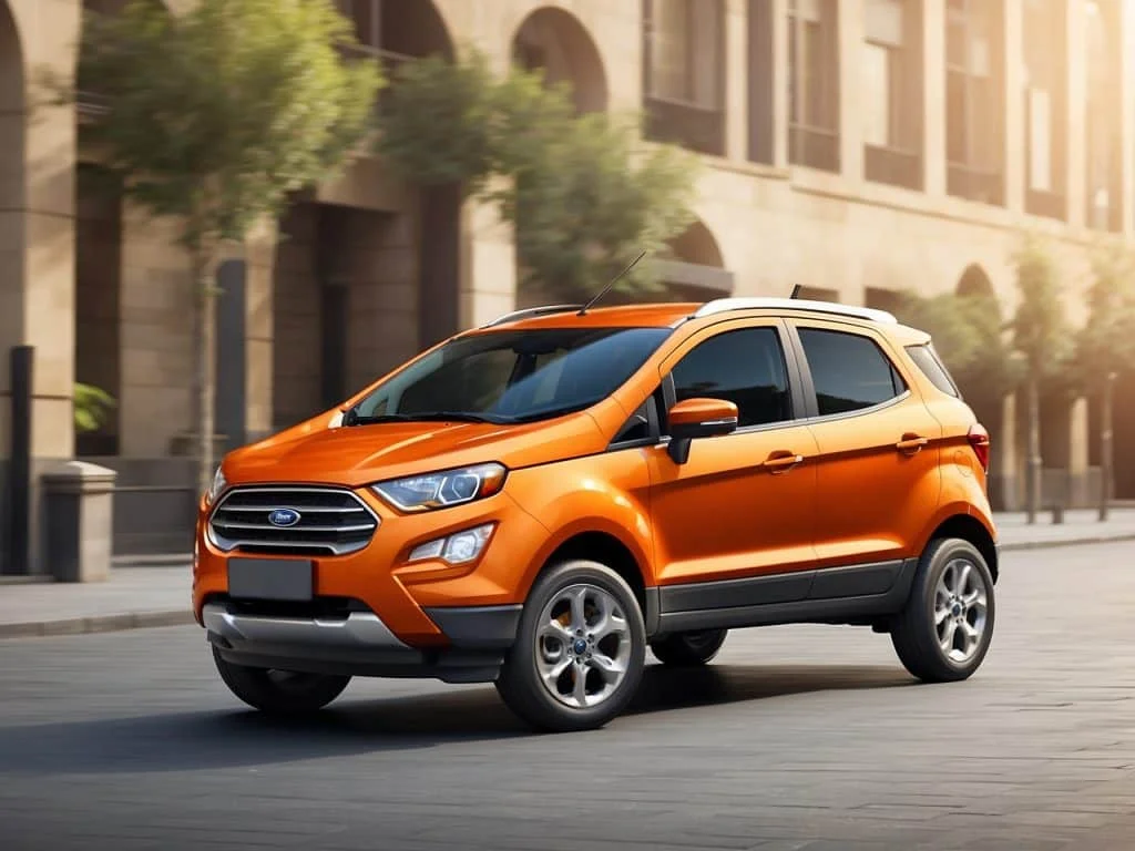 A bright red Ford Ecosport parked on a suburban street, showcasing its compact SUV design and sporty aesthetic.