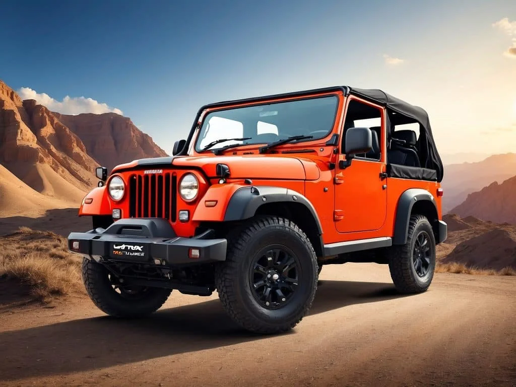 A shiny new Mahindra Thar parked on a rocky terrain under a clear blue sky, highlighting its robust design and aggressive stance.