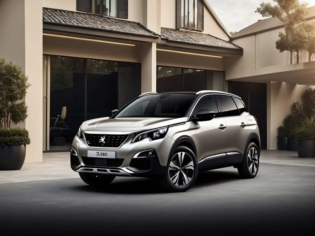 Dynamic side profile of a Peugeot 3008 driving along a coastal road at sunset, highlighting its streamlined design and alloy wheels.