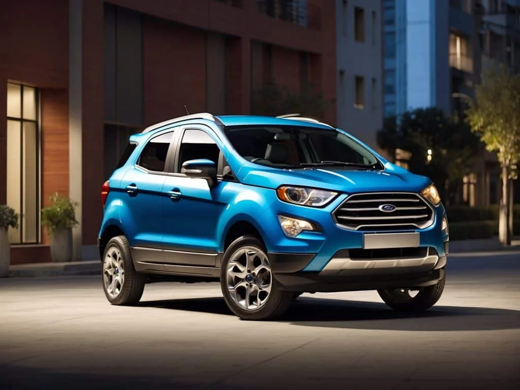 Side profile of a blue Ford Ecosport on a highway, highlighting its sleek lines and modern design.
