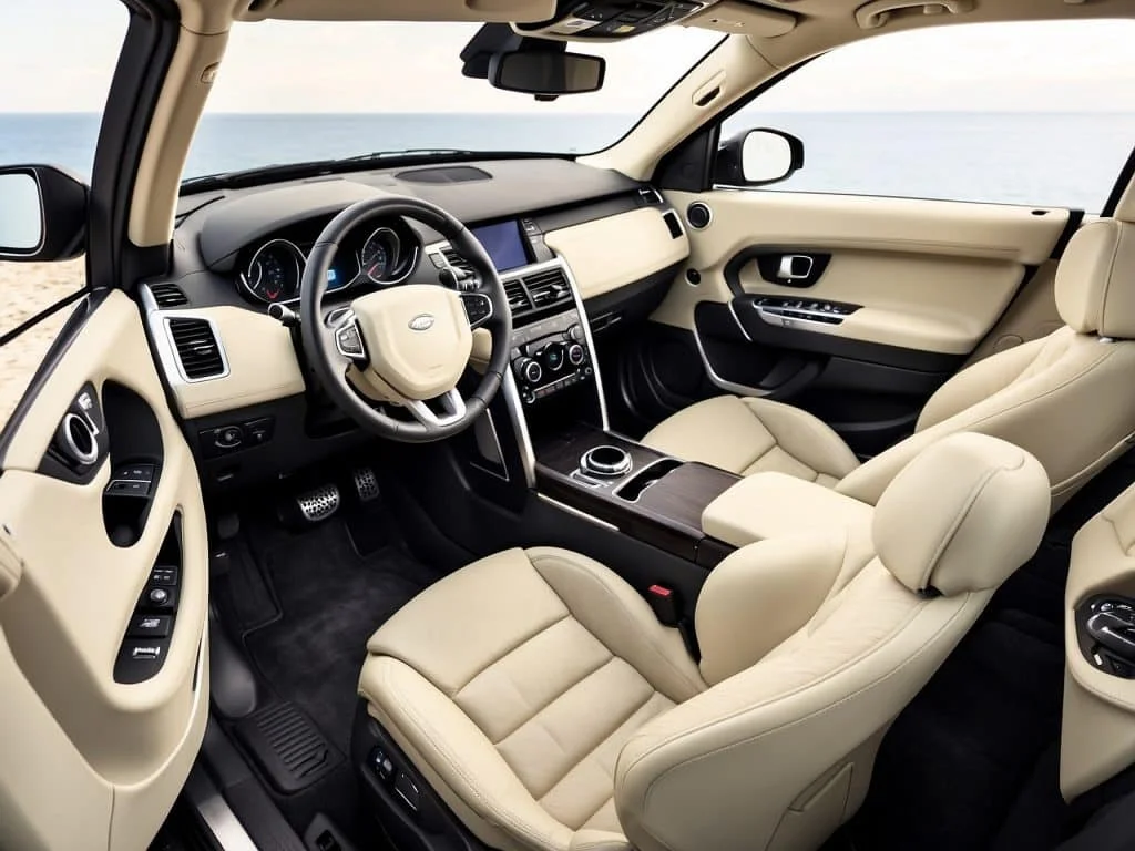 Interior view of a Land Rover Discovery Sport showing its luxurious dashboard, leather seats, and advanced touchscreen display.