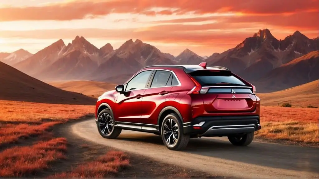 Dynamic image of a black Mitsubishi Eclipse Cross driving on a winding mountain road, highlighting its sporty profile and all-wheel drive capabilities.