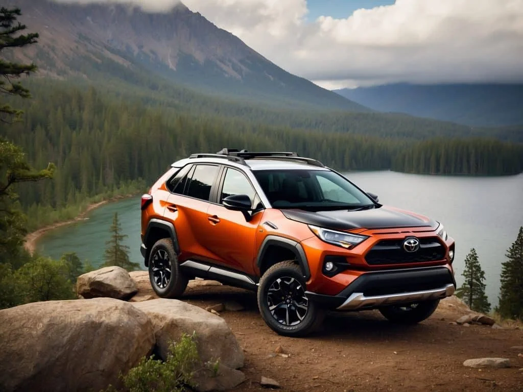 A Toyota RAV4 Adventure parked on a rugged mountain trail, showcasing its off-road capabilities with a forest backdrop.