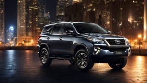 A close-up of the front grille and headlight design of the latest model Toyota Fortuner, highlighting its sleek and modern aesthetic.