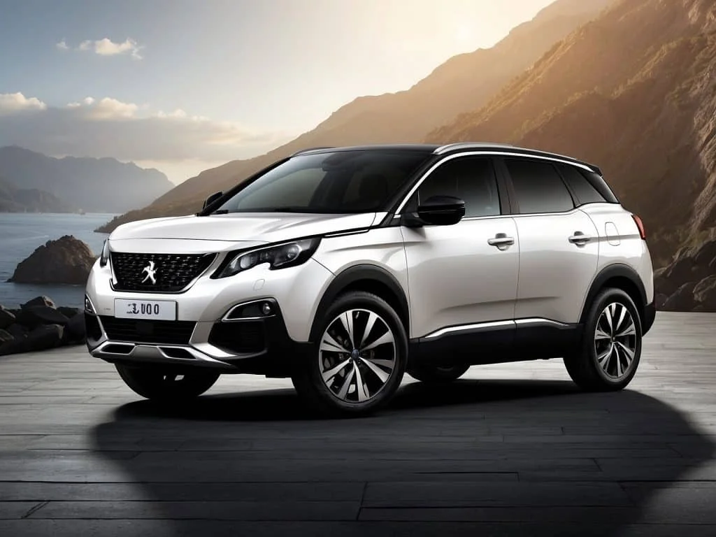 Front view of a shiny, new Peugeot 3008 parked in an urban setting, showcasing its sleek gray metallic paint and modern LED headlights.