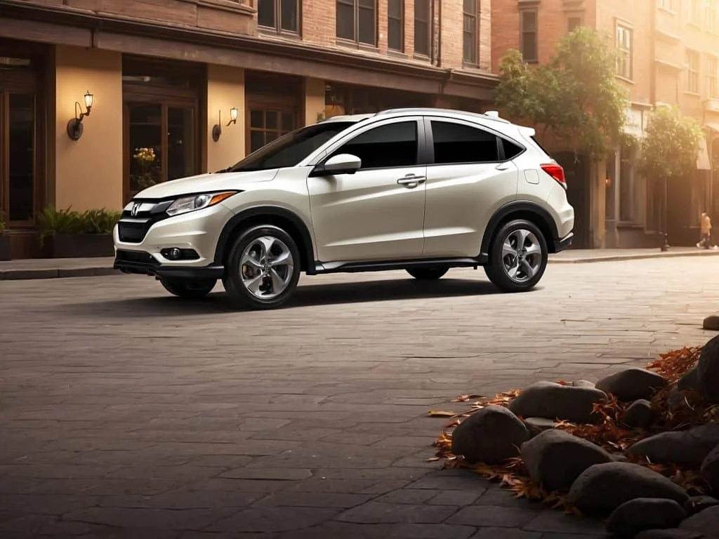A silver 2023 Honda HR-V parked on a city street during the day, showcasing its sleek design and compact SUV shape.