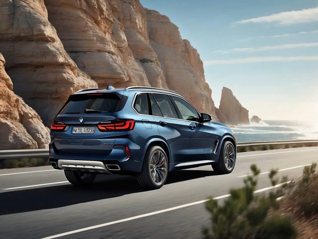 A BMW X5 xDrive40i driving on a coastal highway, with the ocean in the background, highlighting the vehicle's dynamic lines and sporty stance.