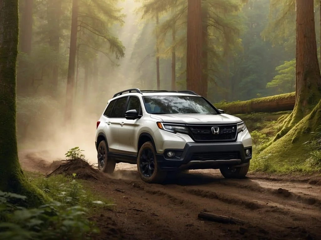 A Honda Passport driving through a forest trail, demonstrating its off-road capability with mud on the tires and lush greenery surrounding the vehicle.