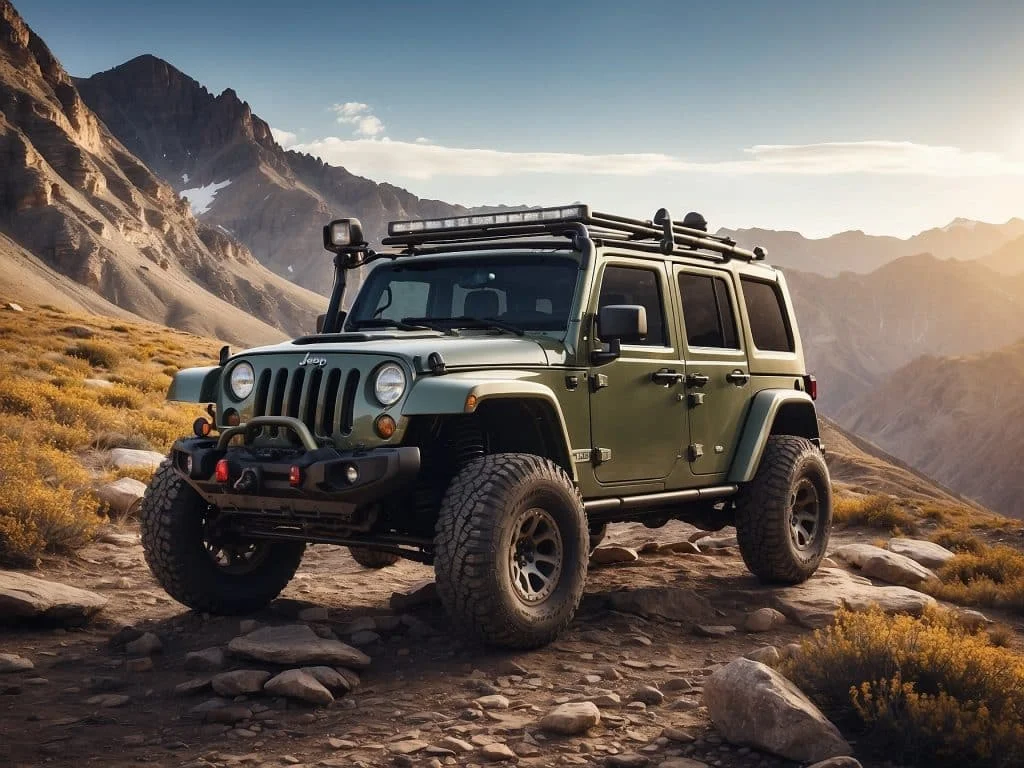 A Jeep equipped with a manual transmission parked on a remote mountain trail, emphasizing its capability and traditional gear system.
