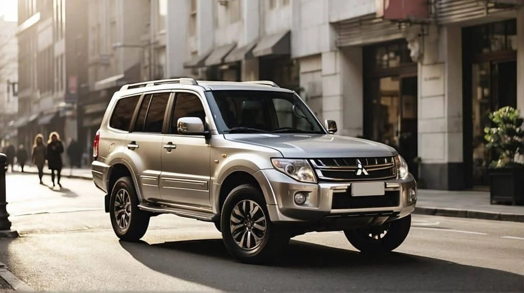 A Mitsubishi Pajero in a metallic silver color, parked on a city street, showcasing its robust design and chrome grille under bright sunlight.