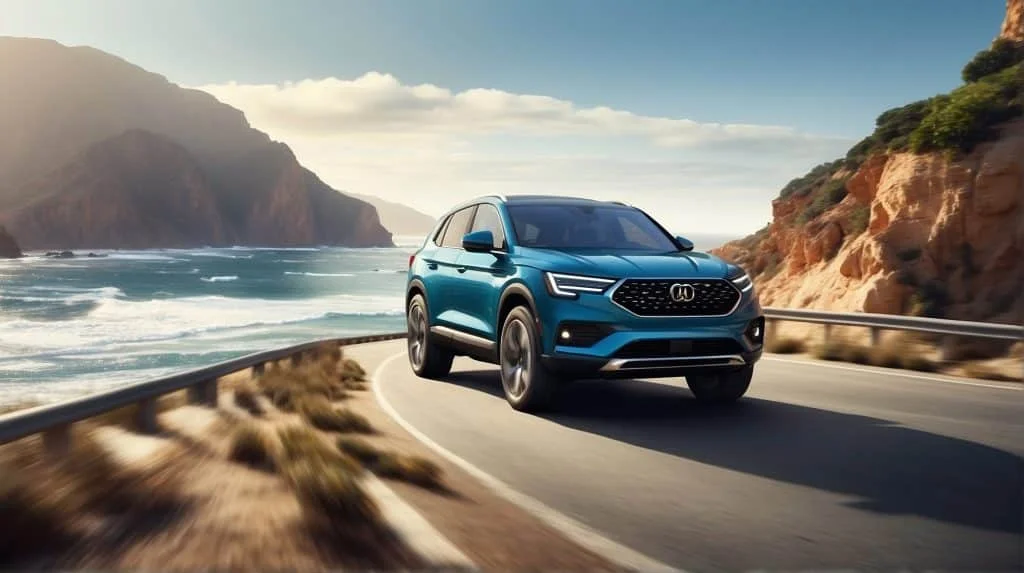 A dynamic view of a 6-cylinder compact SUV speeding along a coastal highway, showcasing its sleek design and sporty stance against a backdrop of the ocean.