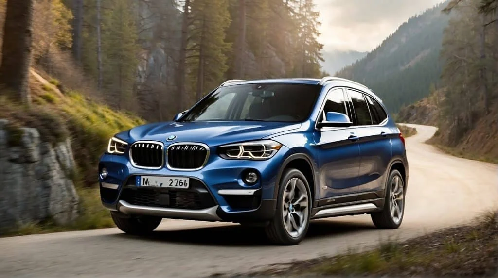A dynamic view of a BMW X1 xDrive in motion on a winding road, showcasing its sleek design and all-wheel-drive capabilities amidst a lush forest backdrop.