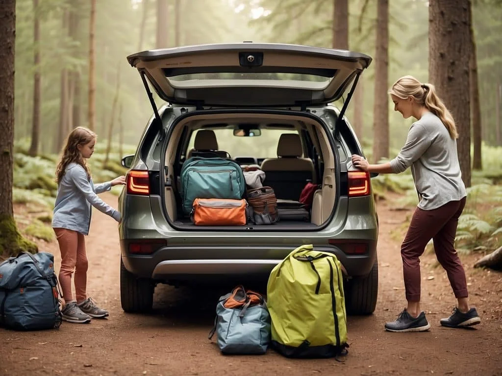A family loading camping gear into the trunk of a 6-cylinder compact SUV in a forest parking area, highlighting the vehicle's spacious cargo capacity and utility.