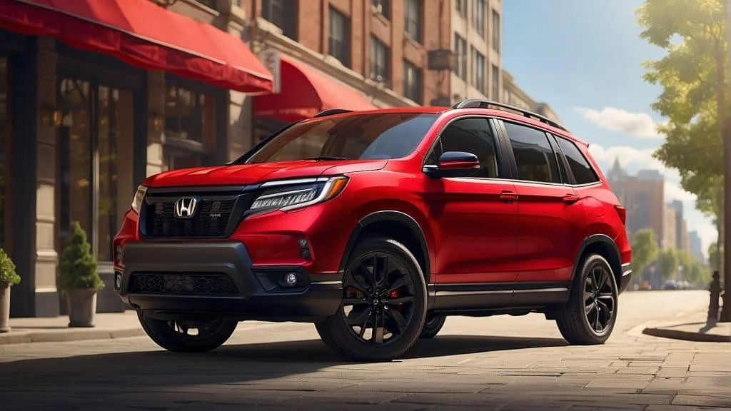 A red Honda Passport parked on a city street, showcasing its sleek body design and robust stature under sunny skies.