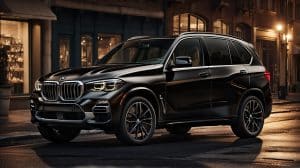 Close-up of the grille and front emblem of a BMW X5 xDrive40i, focusing on the intricate design and craftsmanship of the luxury SUV.
