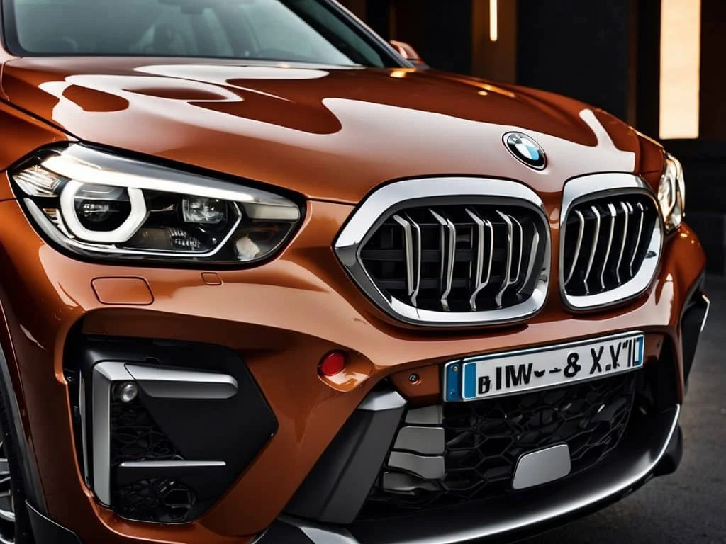 Close-up of the front grille and badge of a BMW X1 xDrive, highlighting the distinctive twin-kidney grille and sharp LED headlights, parked in an urban setting.