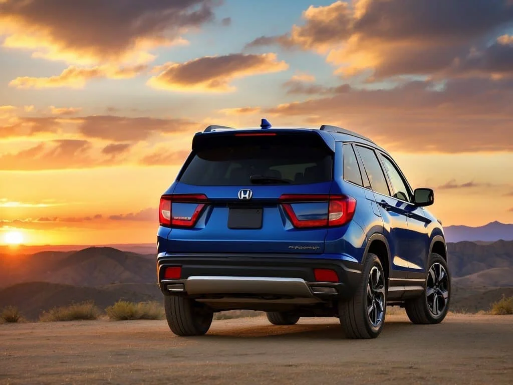 Close-up of the rear end of a Honda Passport at sunset, featuring the logo, dual exhaust, and a power tailgate, with vibrant skies in the background.