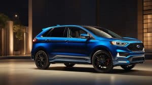 Aerial shot of a white Ford Edge on a winding forest road, surrounded by autumn foliage, illustrating its adaptability to various environments.