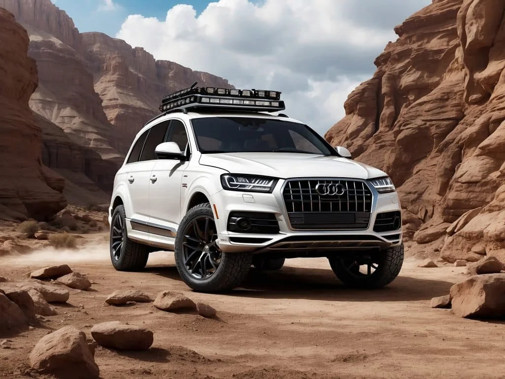 Audi Q7 modified for off-roading, shown with a roof rack loaded with outdoor gear and mud splattered on the sides, in a dense forest setting.
