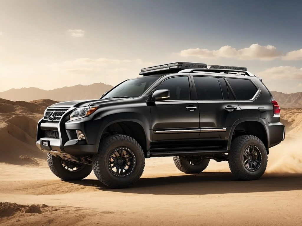 Rear view of a Lexus GX470 with a full-size spare tire mounted on the back and upgraded shock absorbers, standing on a sandy desert path.