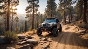 Aerial view of a serpentine off-road trail in Big Bear, showcasing the rough terrain and beautiful forest landscape from above.