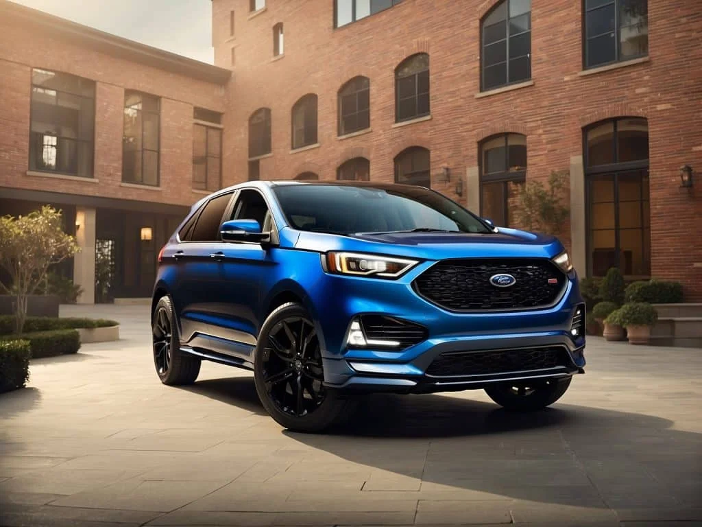 Dynamic image of a blue Ford Edge driving through a rugged mountain trail, showcasing its all-wheel drive capabilities.