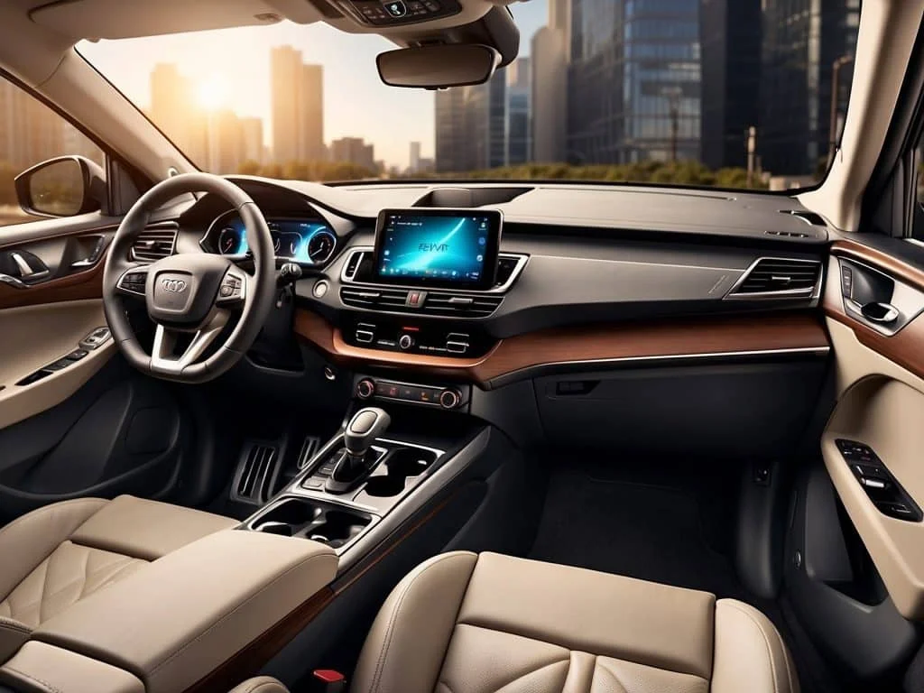 Interior shot of a 6-cylinder compact SUV showing the luxurious dashboard, leather seats, and advanced multimedia system, offering comfort and technology on the go.