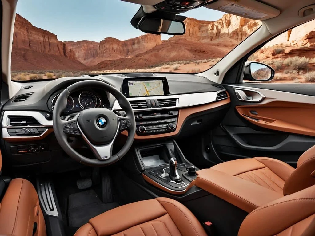 Interior shot of a BMW X1 xDrive featuring a luxurious dashboard, leather steering wheel, and high-tech infotainment system, emphasizing modern comforts.