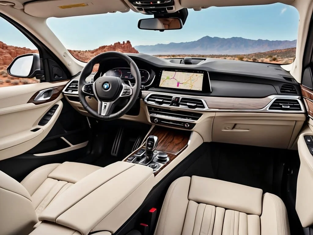 Interior view of a BMW X5 xDrive40i, showcasing its luxurious leather seats, advanced infotainment system, and elegantly designed dashboard.