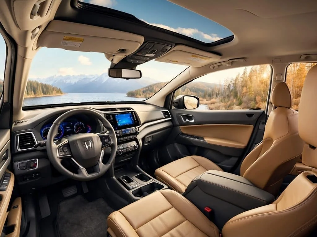 Interior view of a Honda Passport, highlighting its spacious cabin with leather seats, a large infotainment screen, and a panoramic sunroof.