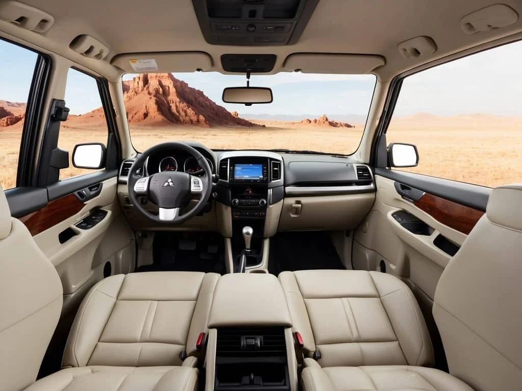 Interior view of a Mitsubishi Pajero, focusing on its spacious cabin with leather seating, advanced dashboard, and multifunction steering wheel.