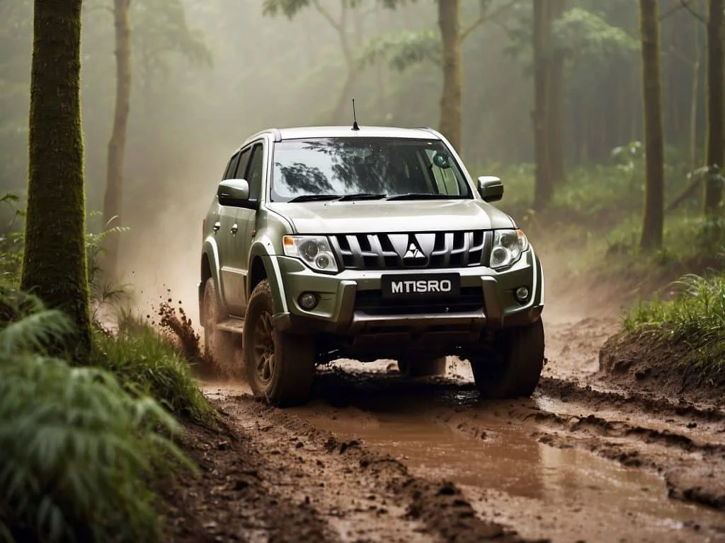Off-road action shot of a Mitsubishi Pajero navigating a muddy trail in a forest, illustrating its 4x4 capabilities and rugged exterior.