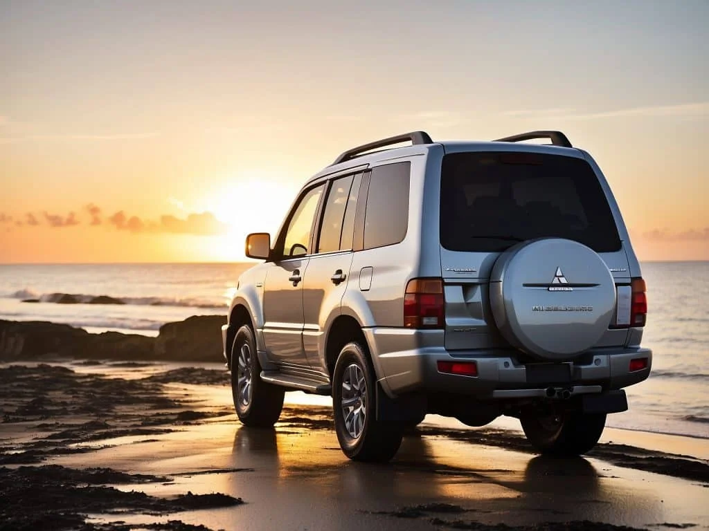 Rear angle of a Mitsubishi Pajero parked by the ocean at sunset, highlighting its distinctive tail lights and durable body shape.