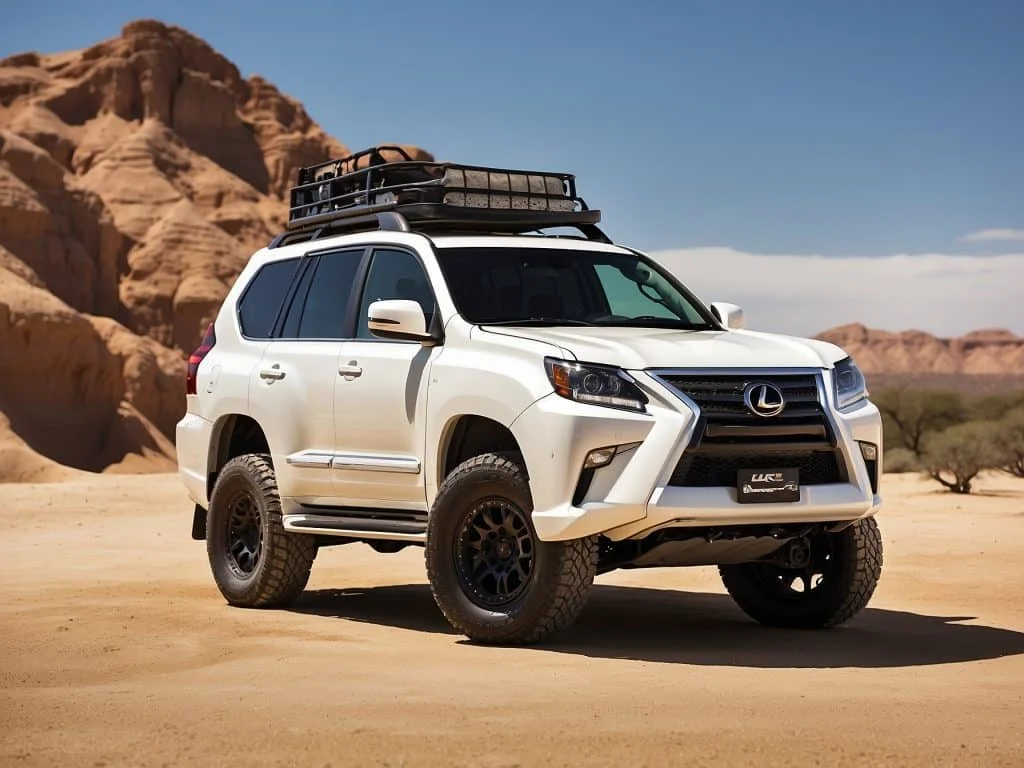 A Lexus GX470 equipped with off-road modifications, including oversized all-terrain tires and lifted suspension, driving on a rugged mountain trail.