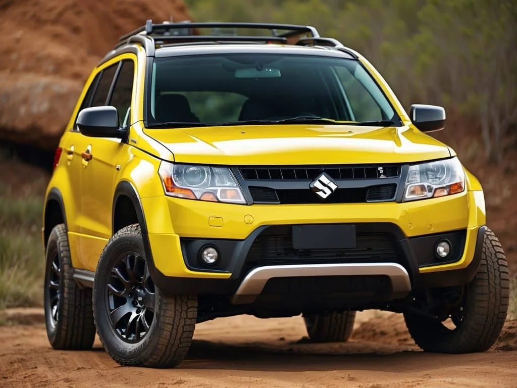 A modified Suzuki Grand Vitara with raised suspension and all-terrain tires, parked on a rocky off-road trail, showcasing its rugged capabilities.
