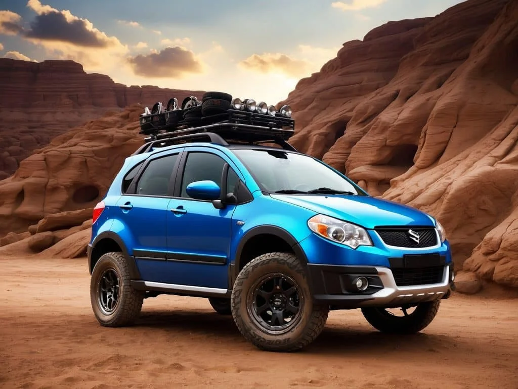 Modified Suzuki SX4 equipped for off-road adventures, featuring raised suspension, all-terrain tires, and a reinforced bumper, parked on a rocky trail surrounded by forest.