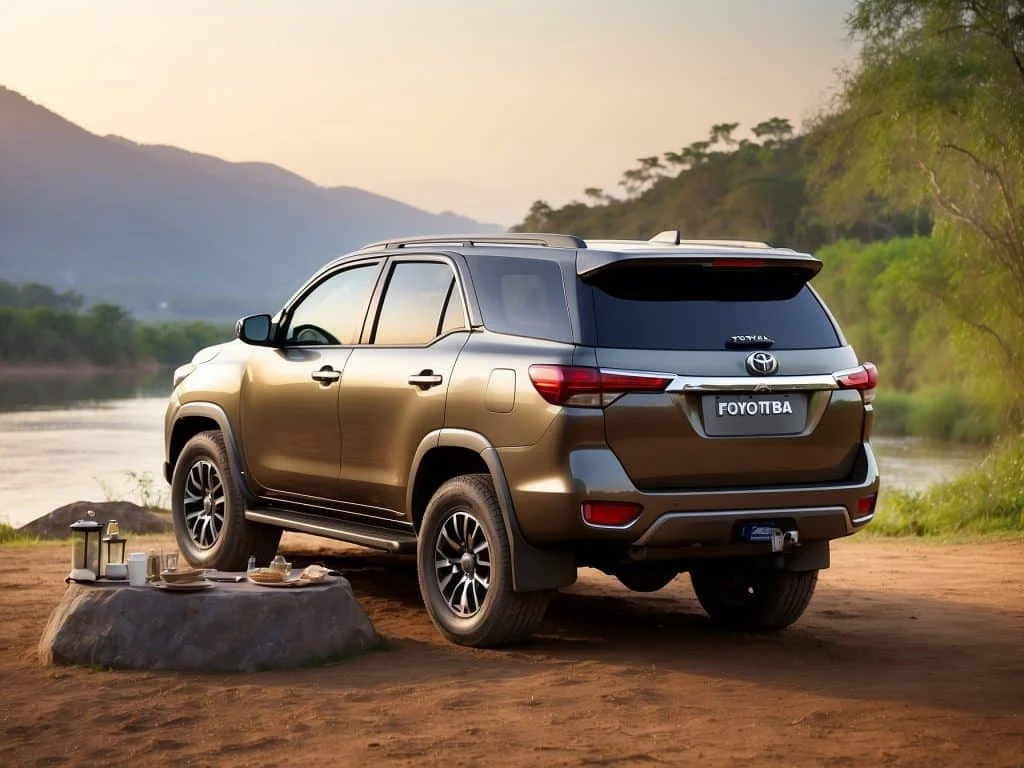A family loading camping gear into the trunk of a white Toyota Fortuner, preparing for a weekend adventure.