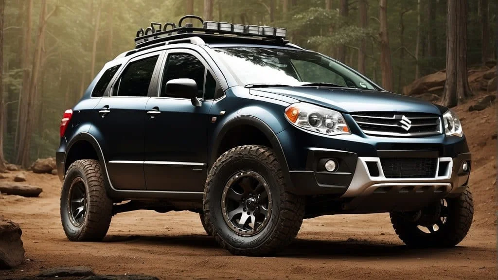 Suzuki SX4 with off-road modifications including a roof rack loaded with gear, spotlight attachments, and mud flaps, ready for an outdoor expedition.