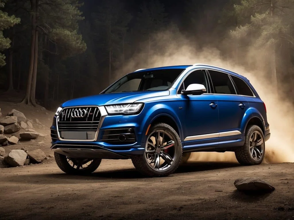 A modified Audi Q7 with a lifted suspension and rugged all-terrain tires parked on a rocky hillside, highlighting its off-road enhancements.