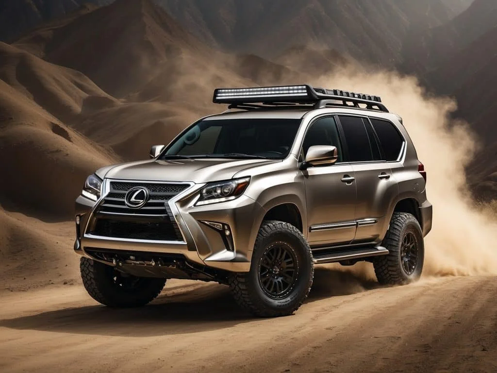 Side view of a Lexus GX470 with a matte black snorkel and reinforced roof rack, parked in a forested area, prepared for off-road exploration.